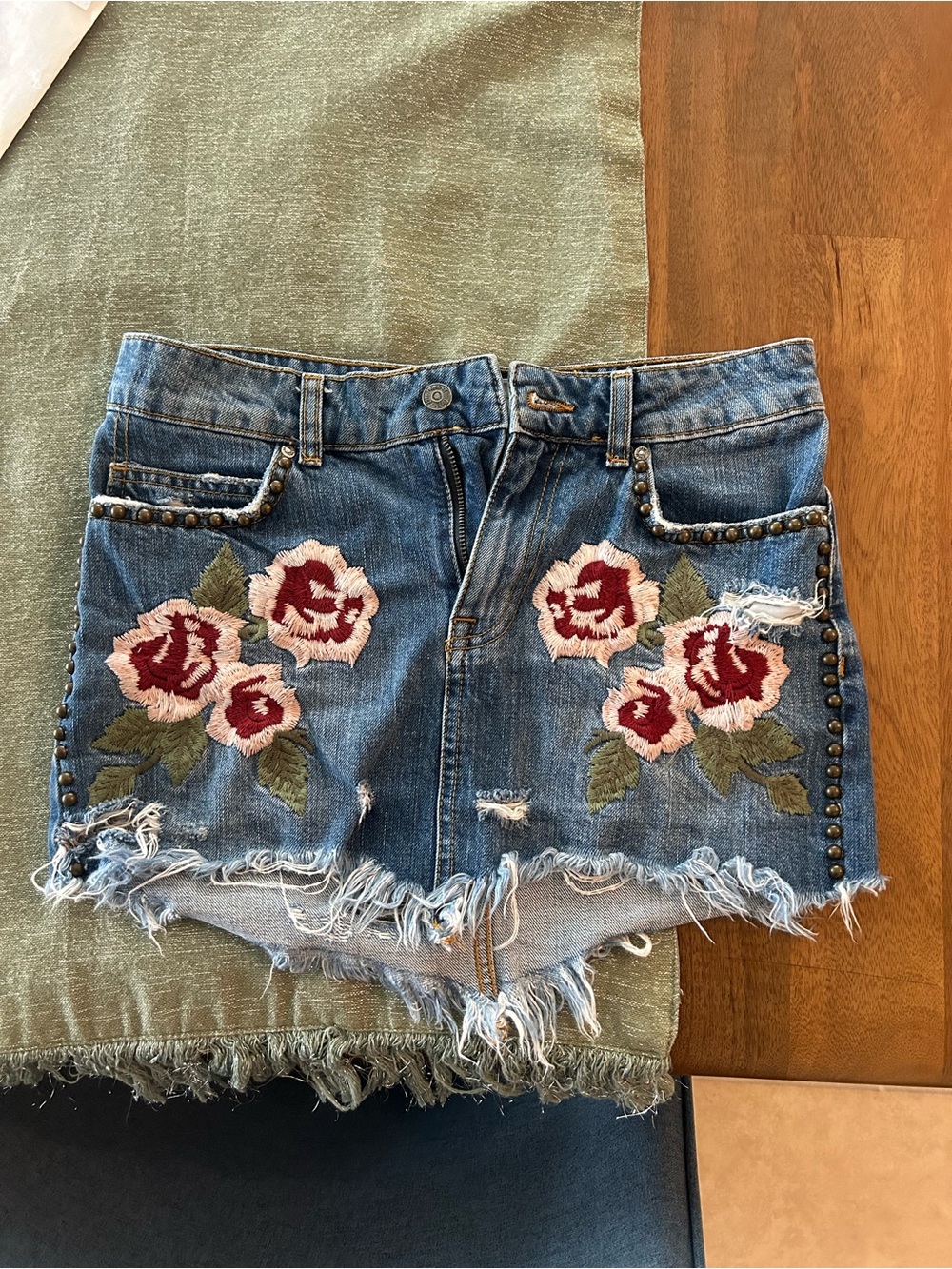 Free People Denim Mini Skirt with Floral Embroidery